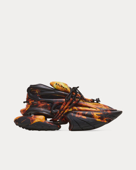 Balmain Unicorn Neoprene & Leather Fire Print Orange Low Top Sneakers - 1