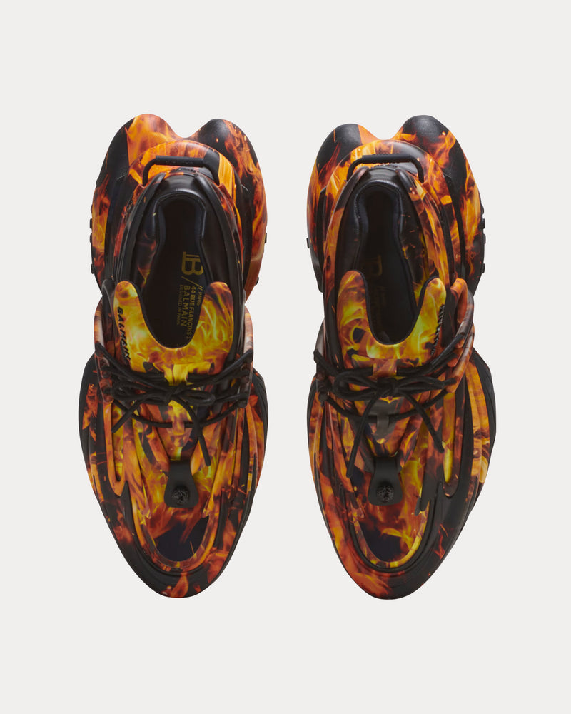 Balmain Unicorn Neoprene & Leather Fire Print Orange Low Top Sneakers - 2