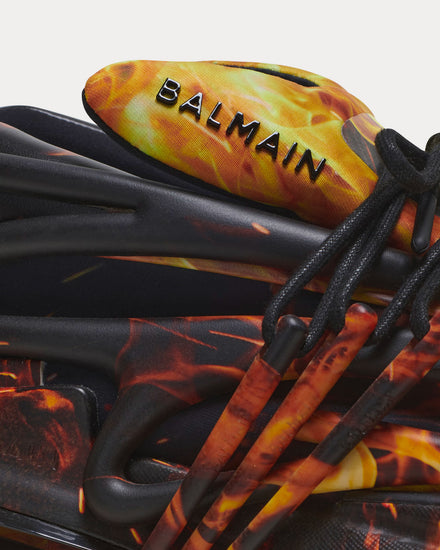 Balmain Unicorn Neoprene & Leather Fire Print Orange Low Top Sneakers - 6