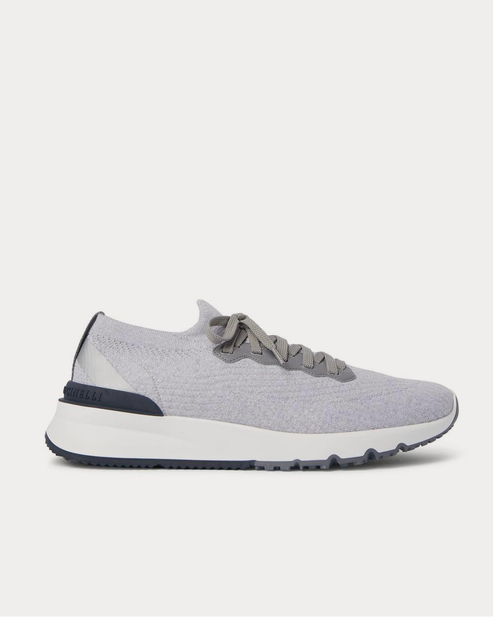 Brunello Cucinelli Men's Leather-Trimmed Stretch-Knit Gray low top