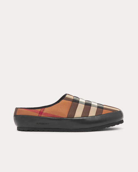 Burberry Check Nylon and Lambskin Slippers Birch Brown Slip Ons - 1