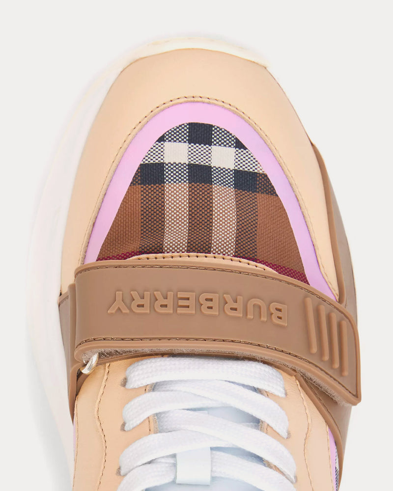 Designer Sneakers Burberry Check Detail Leather Sneakers Burberry Women's Check Cotton And Leather Birch Brown Pink Low