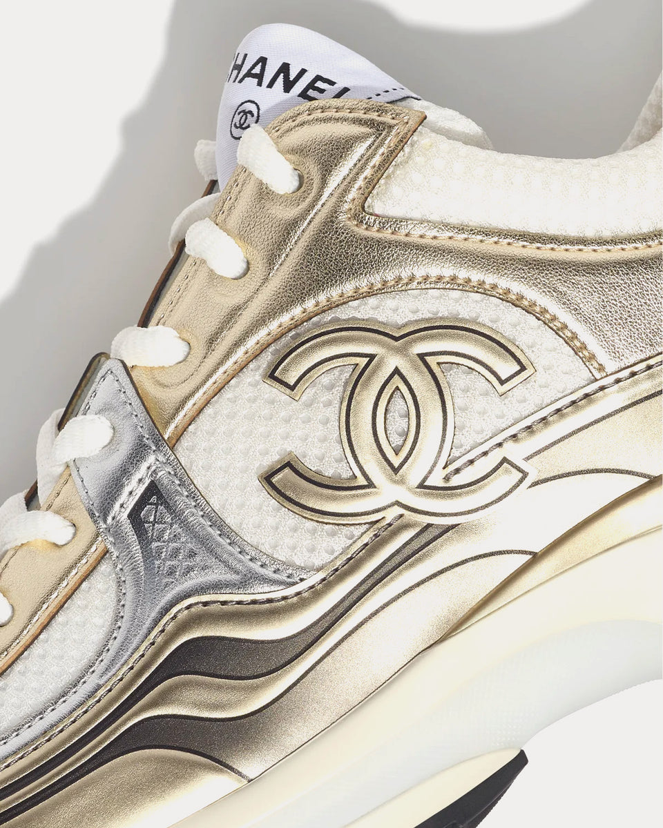 Chanel Fabric & Laminated White, Gold & Silver Low Top Sneakers