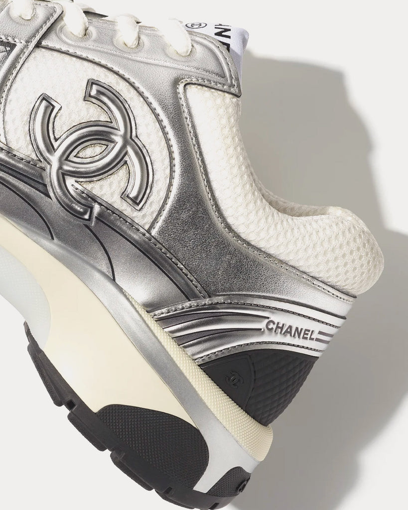 Chanel Fabric & Laminated Light Gray & Silvered Low Top Sneakers