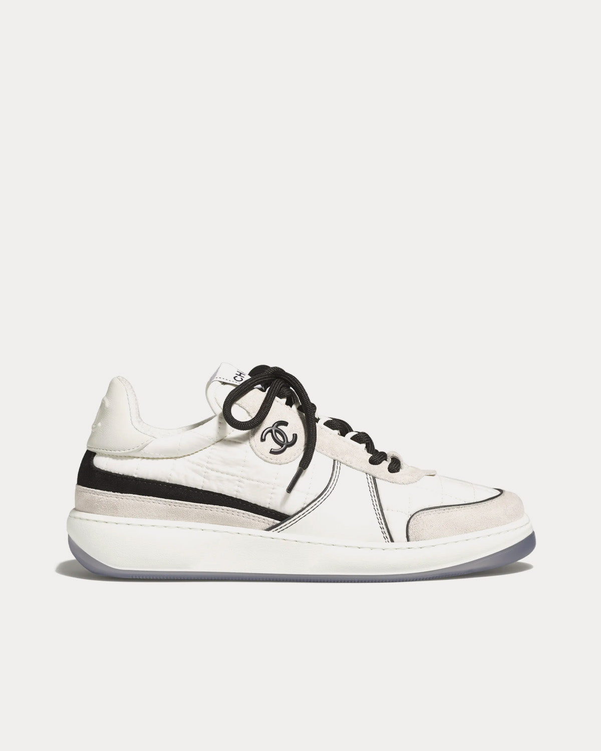 Chanel Fabric, Suede Calfskin & Calfskin White / Light Grey Low Top Sneakers  - Sneak in Peace