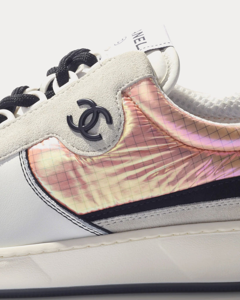 Iridescent Fabric, Suede Calfskin & Calfskin Pink, Grey & White Low Top  Sneakers