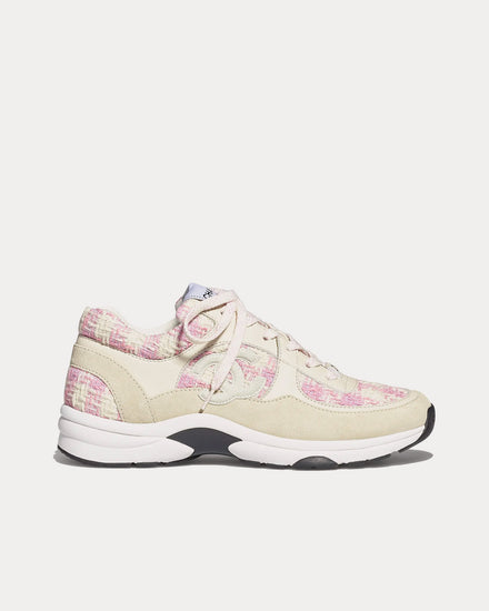 Chanel Coton Tweed, Suede Calfskin & Calfskin Pink / Ecru Low Top Sneakers - 1