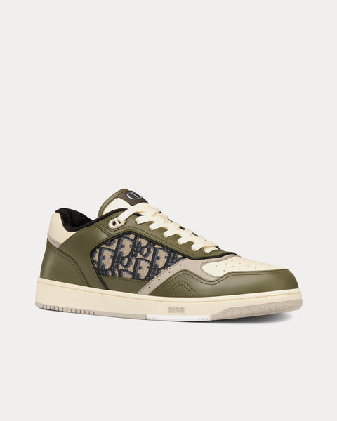B27 Olive and Cream Smooth Calfskin with Beige and Black Dior Oblique Jacquard Low Top Sneakers