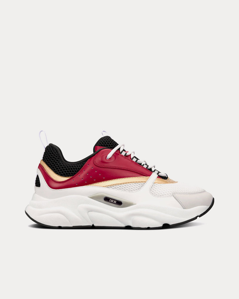 Dior B22 White and Black Technical Mesh with Burgundy, White and Gold-Tone Calfskin Low Top Sneakers - 1