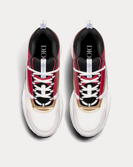 Dior B22 White and Black Technical Mesh with Burgundy, White and Gold-Tone Calfskin Low Top Sneakers - 2