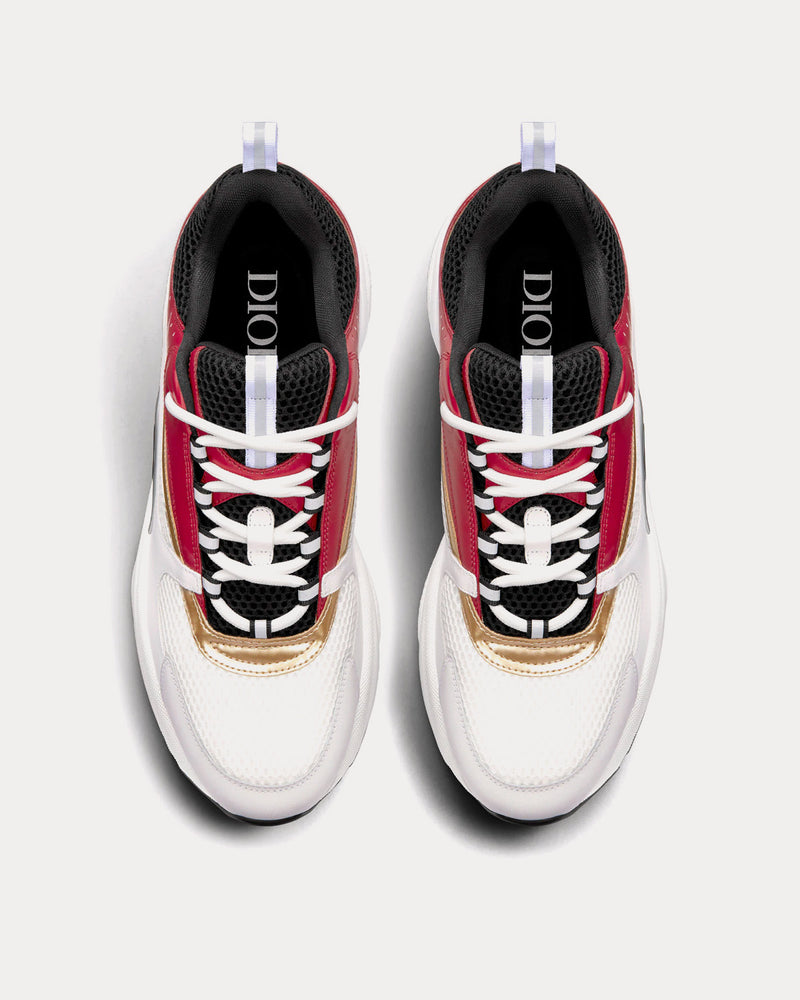 Dior B22 White and Black Technical Mesh with Burgundy, White and Gold-Tone Calfskin Low Top Sneakers - 2