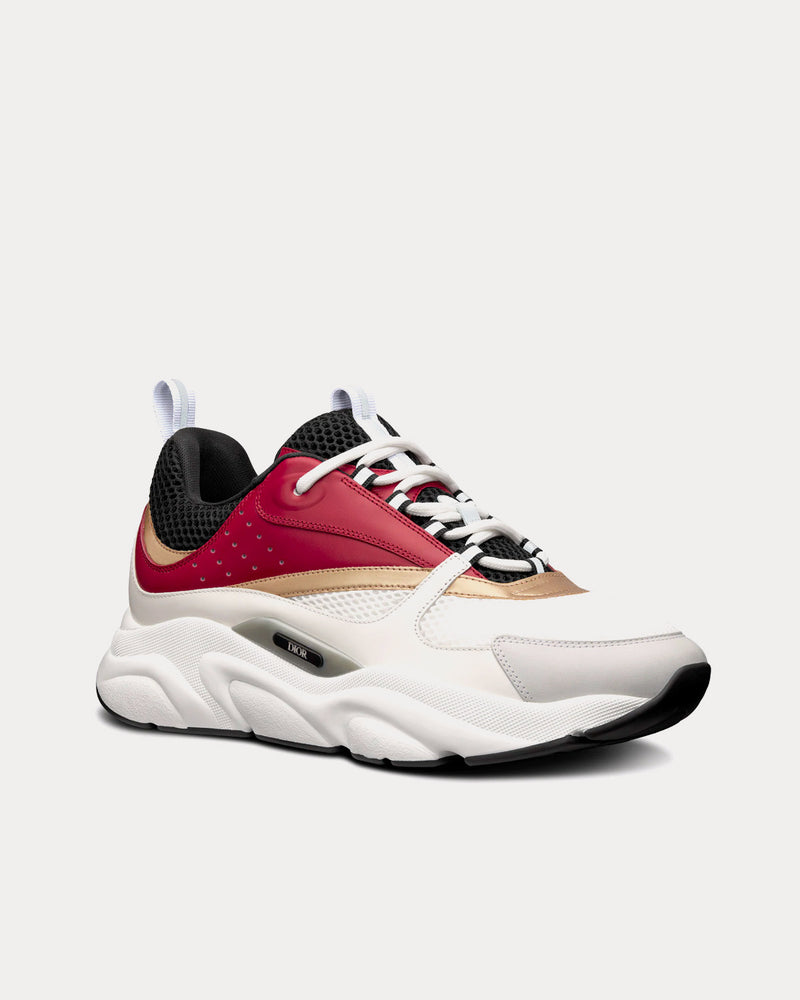 Dior B22 White and Black Technical Mesh with Burgundy, White and Gold-Tone Calfskin Low Top Sneakers - 3