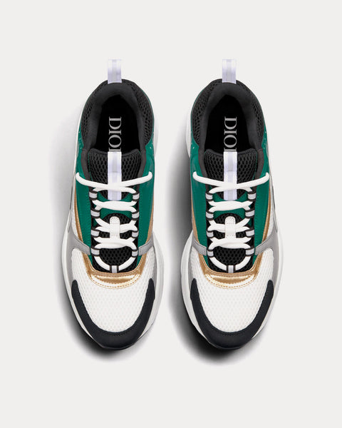 B22 White and Black Technical Mesh with Green, White and Gold-Tone Calfskin Low Top Sneakers
