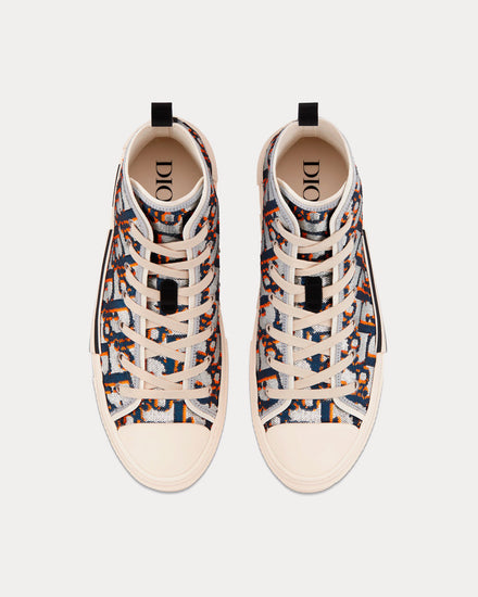 Dior B23 Silver-Tone, Blue and Orange Dior Oblique Sequined Embroidered Canvas High Top Sneakers - 2