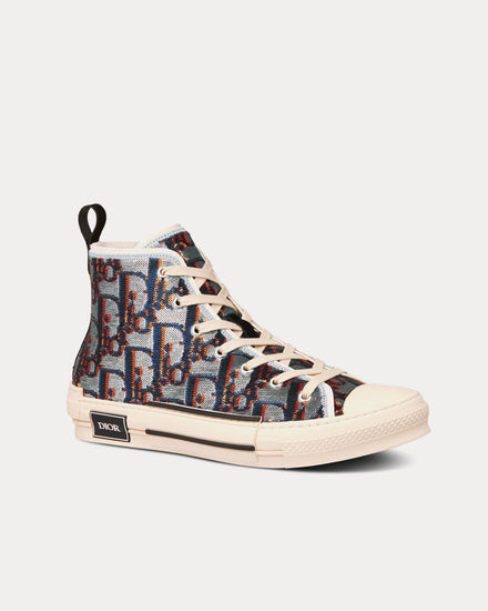 Dior B23 Silver-Tone, Blue and Orange Dior Oblique Sequined Embroidered Canvas High Top Sneakers - 3