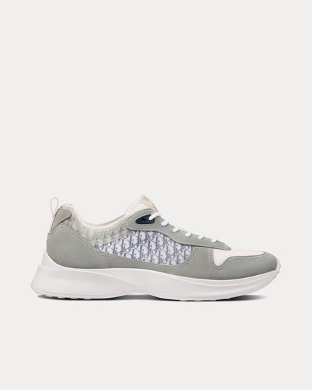 Dior B25 Gray Suede and White Technical Mesh with Blue and White Dior Oblique Canvas Low Top Sneakers - 1