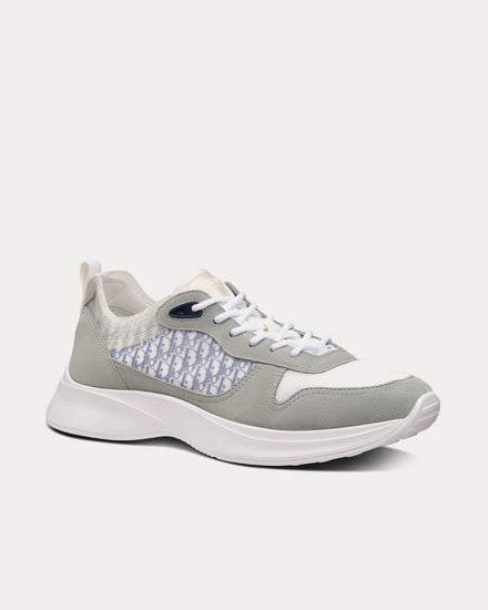 Dior B25 Gray Suede and White Technical Mesh with Blue and White Dior Oblique Canvas Low Top Sneakers - 3