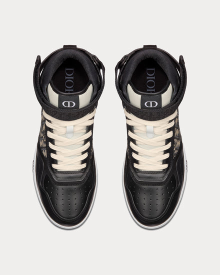 Dior B27 Black Smooth Calfskin with Beige and Black Dior Oblique Jacquard High Top Sneakers - 3