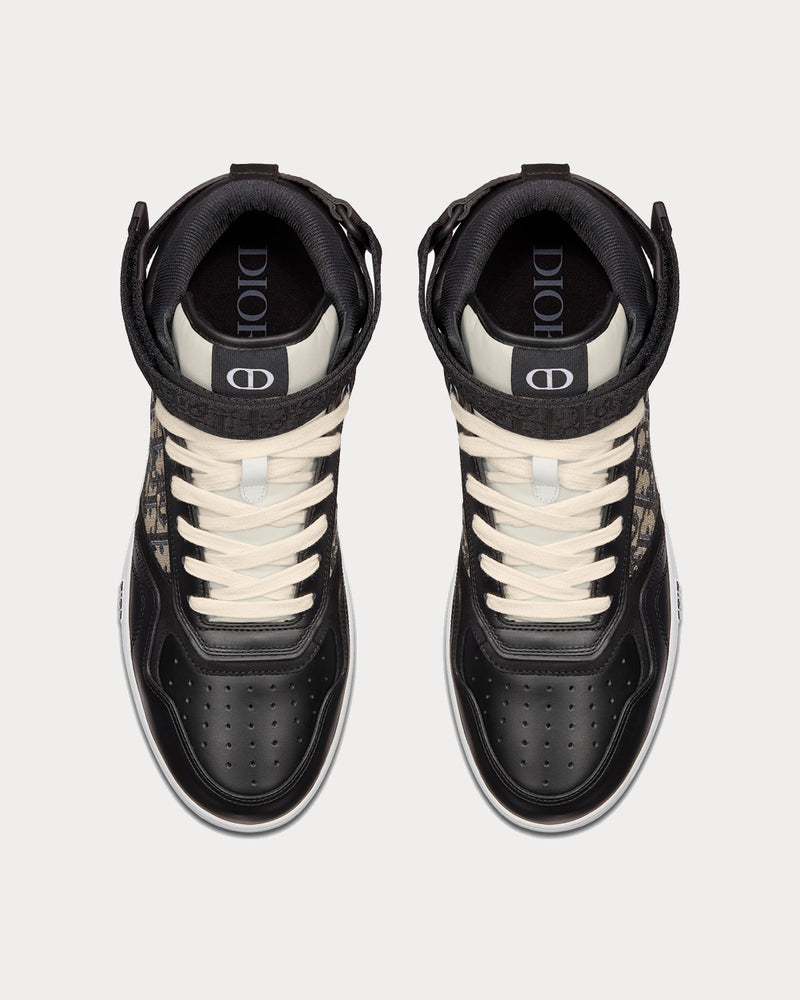 Dior B27 Black Smooth Calfskin with Beige and Black Dior Oblique Jacquard High Top Sneakers - 3