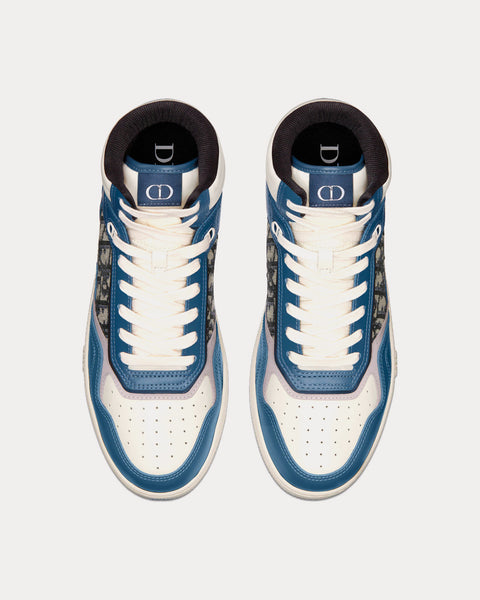 B27 Blue, Cream and Dior Gray Smooth Calfskin with Beige and Black Dior Oblique Jacquard High Top Sneakers