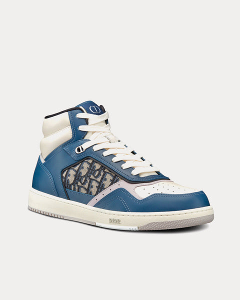 B27 Blue, Cream and Dior Gray Smooth Calfskin with Beige and Black Dior Oblique Jacquard High Top Sneakers