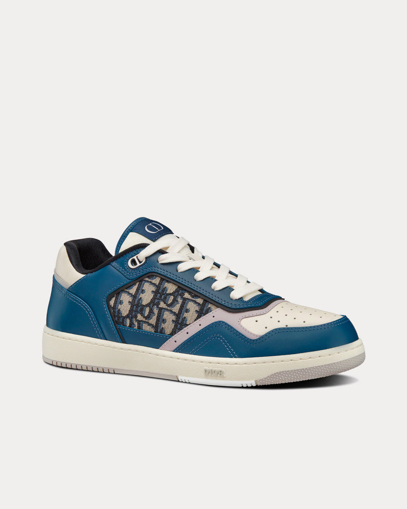 Dior B27 Blue, Cream and Dior Gray Smooth Calfskin with Beige and Black Dior Oblique Jacquard Low Top Sneakers - 3