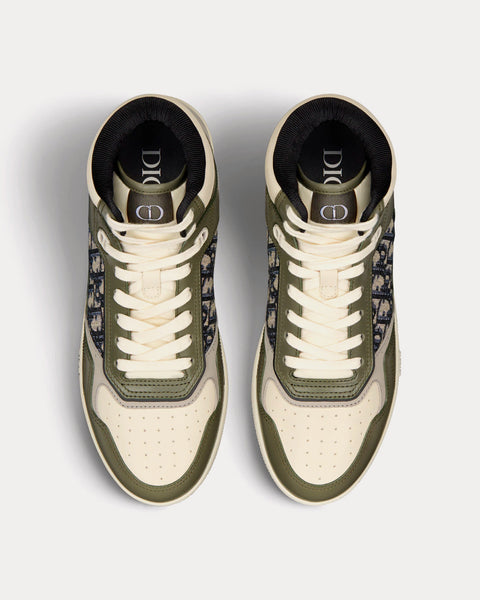 B27 Olive and Cream Smooth Calfskin with Beige and Black Dior Oblique Jacquard High Top Sneakers