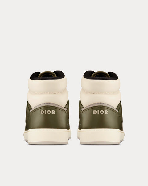 B27 Olive and Cream Smooth Calfskin with Beige and Black Dior Oblique Jacquard High Top Sneakers