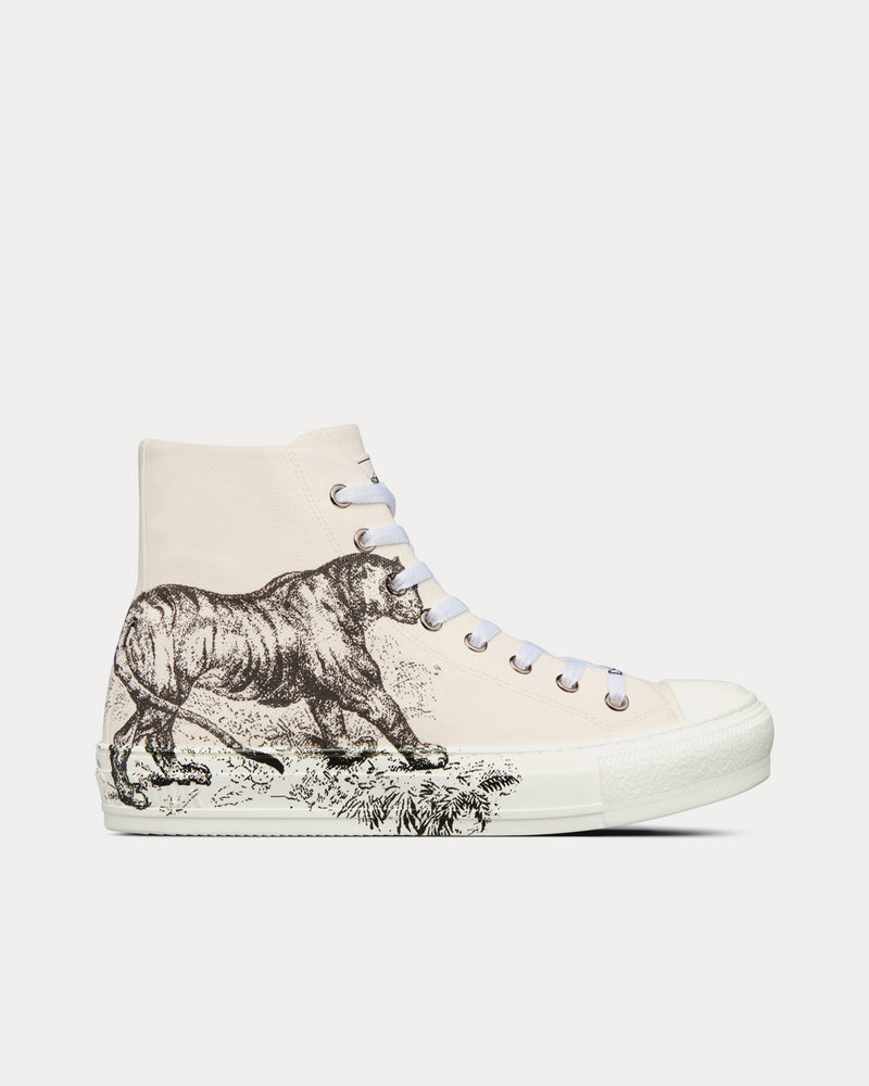 Dior Walk'n'Dior White Cotton Canvas with Black Toile de Jouy Tiger Print High Top Sneakers - 1