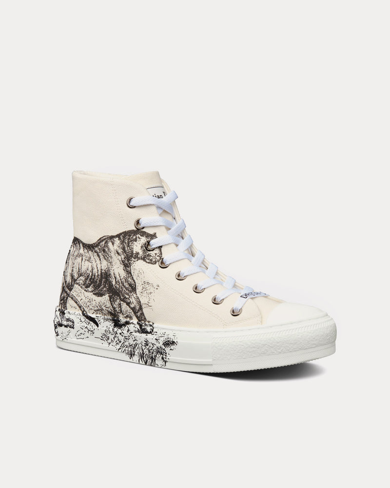 Dior Walk'n'Dior White Cotton Canvas with Black Toile de Jouy Tiger Print High Top Sneakers - 3