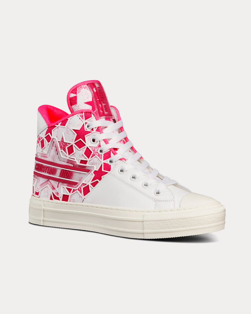 Dior Walk'n'Dior Star Bright Pink and White Calfskin and Technical Fabric with Dior Étoile Motif High Top Sneakers - 3