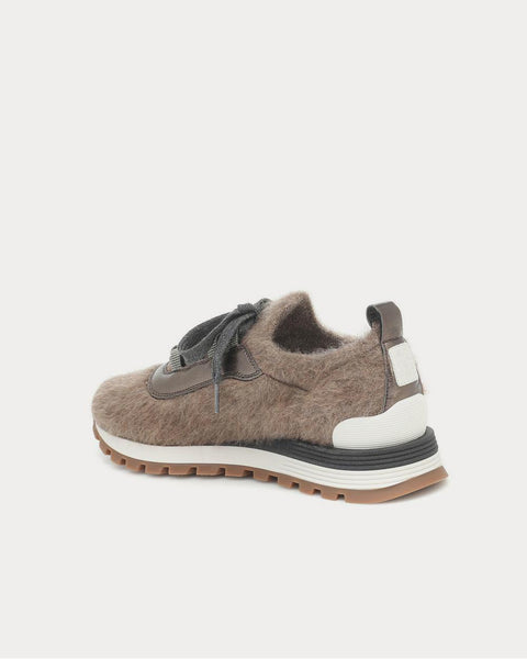 Leather-trimmed mohair Dk Beige Low Top Sneakers