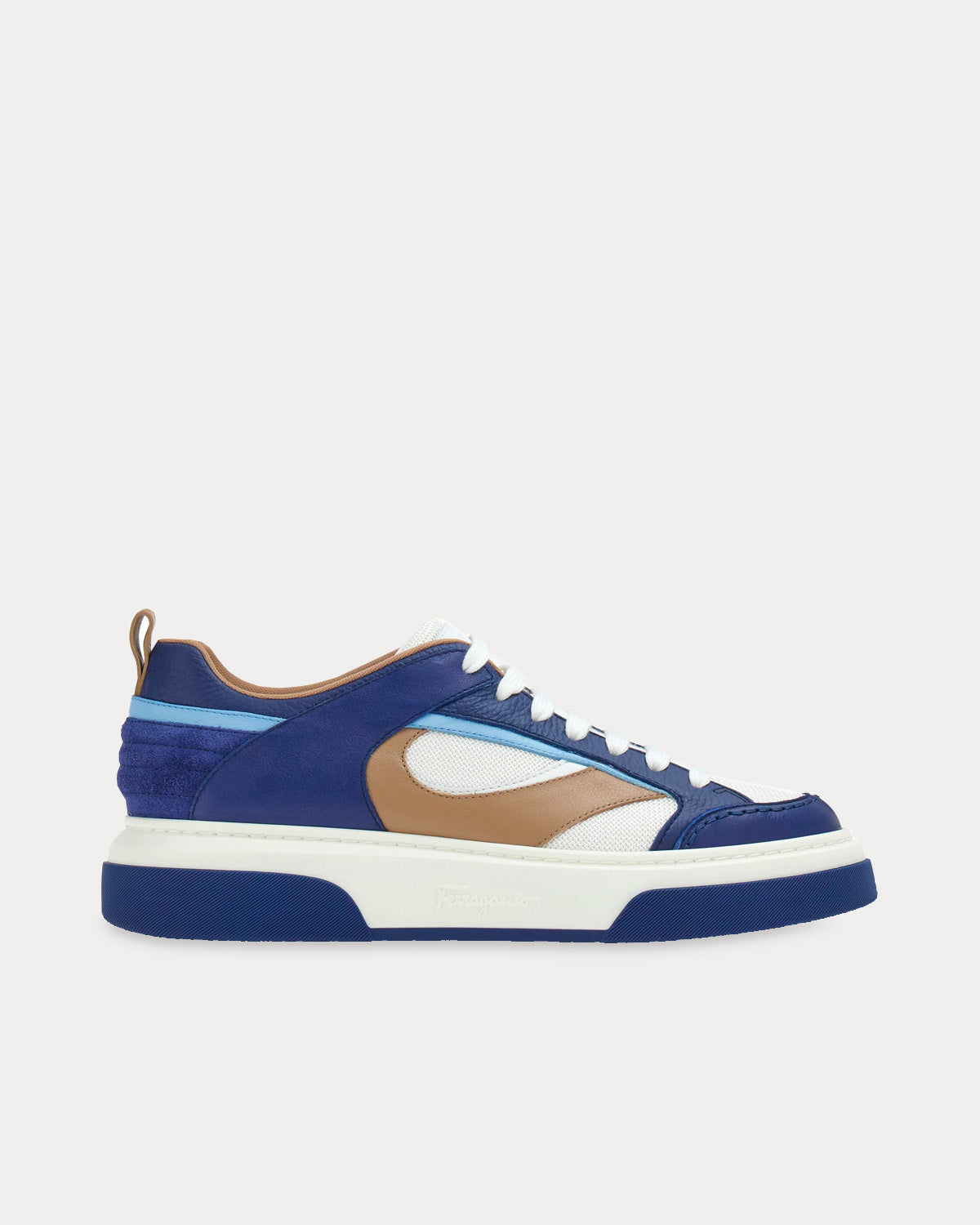 Ferragamo Men's Shaped Inserts Leather Blue / White Low Top Sneakers