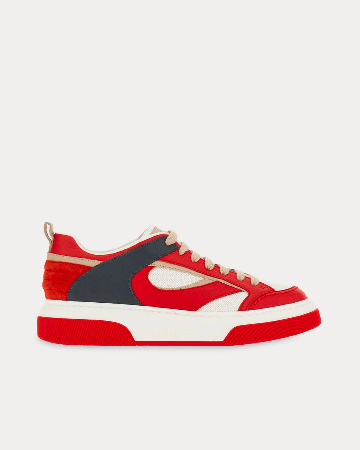 Ferragamo Men's Shaped Inserts Leather Red / White Low Top Sneakers