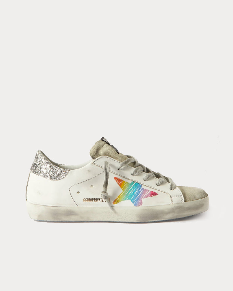Golden Goose Superstar Glittered Distressed Perforated Leather & Suede White / Rainbow Low Top Sneakers - 1