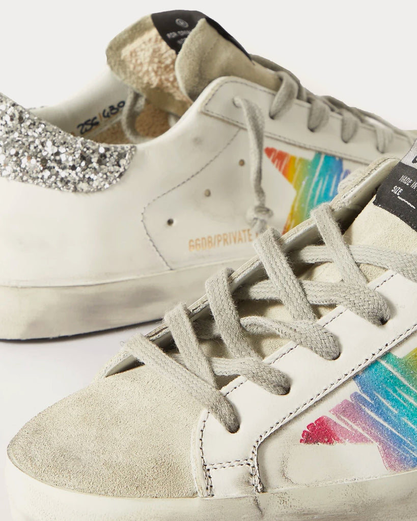 Golden Goose Superstar Glittered Distressed Perforated Leather & Suede White  / Rainbow Low Top Sneakers - Sneak in Peace