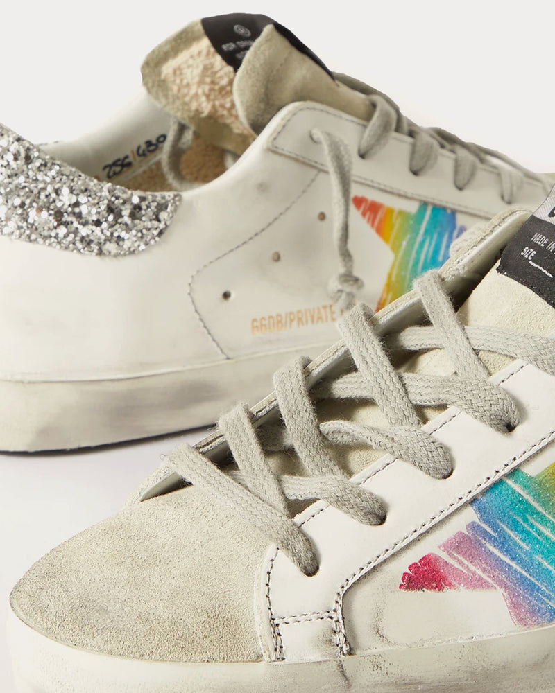 Golden Goose Superstar Glittered Distressed Perforated Leather & Suede White / Rainbow Low Top Sneakers - 3