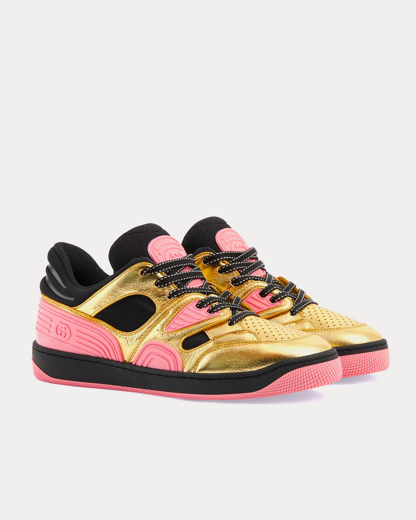 Gucci Basket Leather Gold Metallic / Pink Low Top Sneakers - Sneak