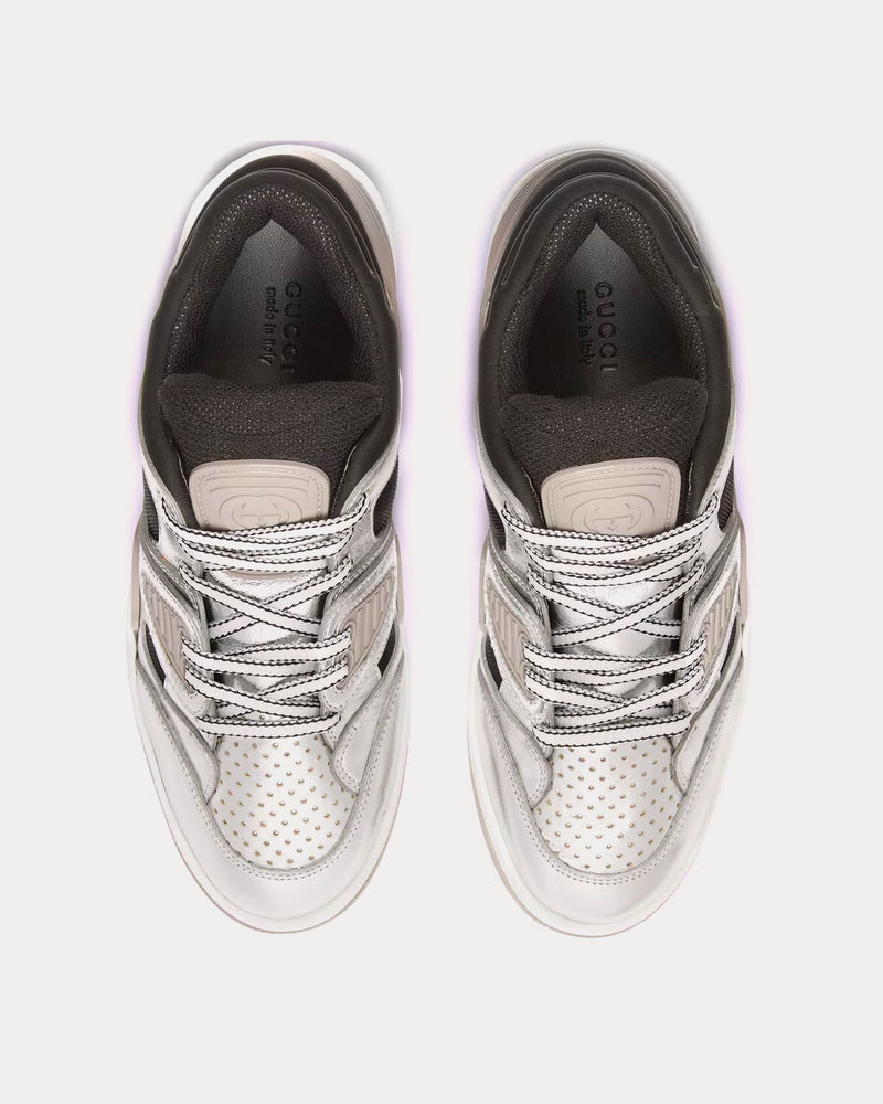 Gucci Basket Leather Silver Metallic Low Top Sneakers - 2