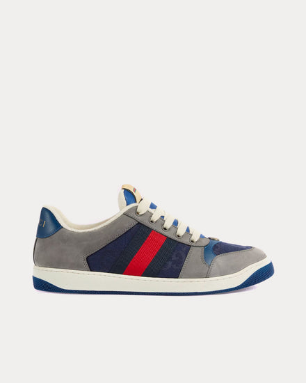 Gucci GG Screener Blue & Red Web Suede Grey Low Top Sneakers - 1