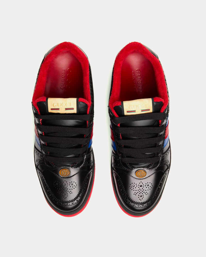 Gucci Men's Screener Blue & Red Web Leather Black Low Top Gucci Men's Screener Blue & Red Web Leather Black Low Top