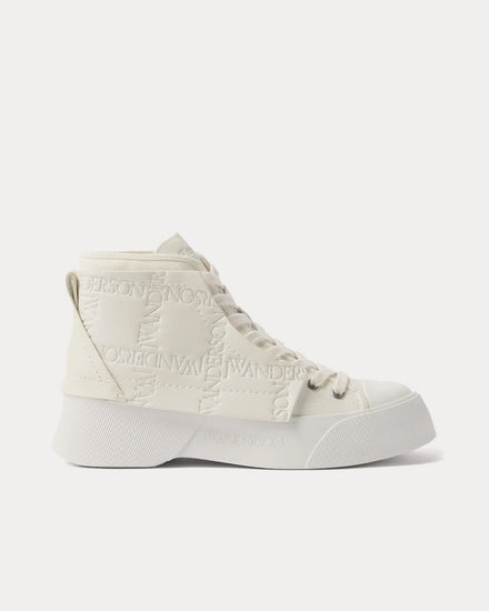 JW Anderson Logo-Debossed Leathered & Canvas White High Top Sneakers - 1