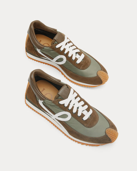 Flow Runner in Nylon & Suede Dark Khaki Green Low Top Sneakers