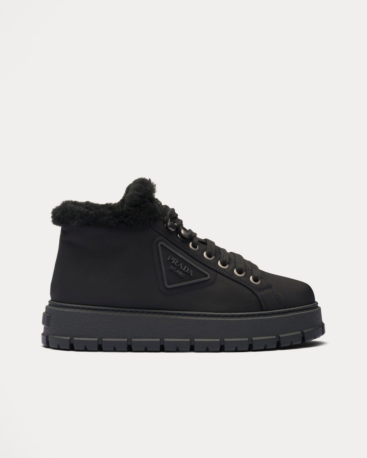Prada Women's Nylon Lace-Up Booties Black High Top Sneakers