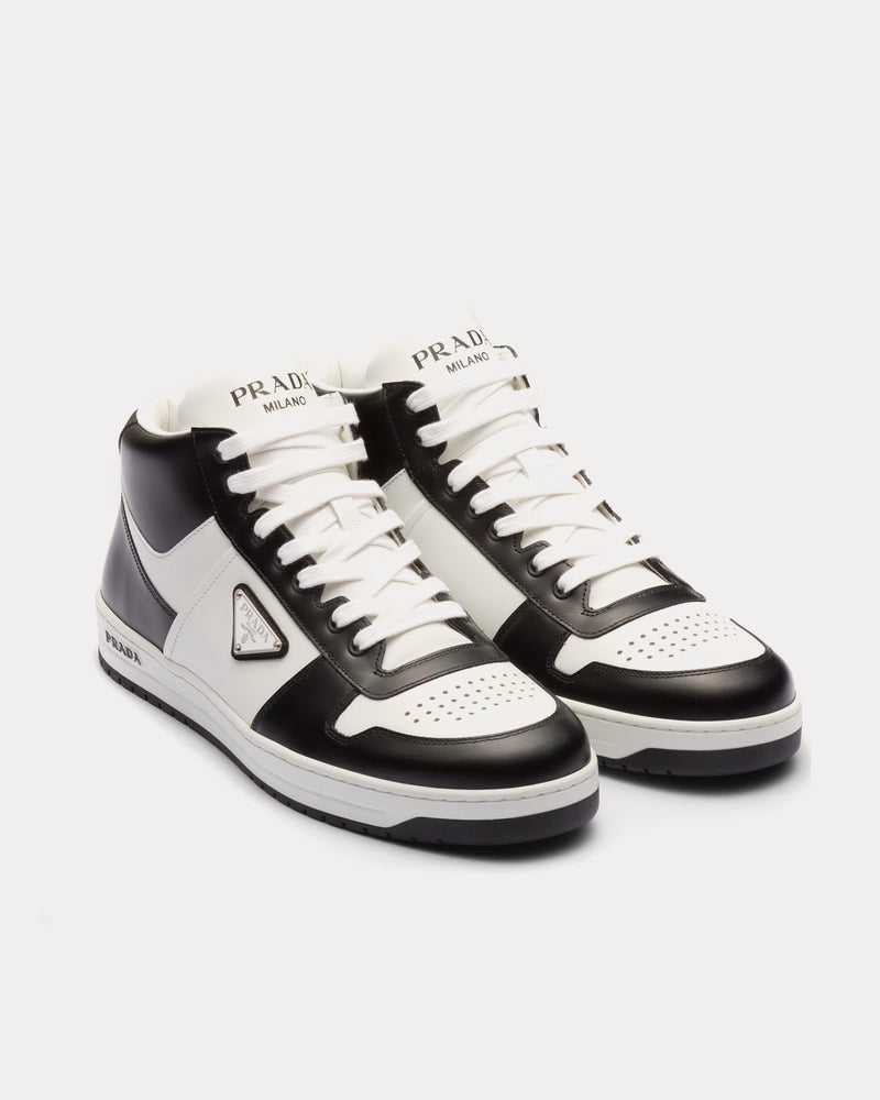 Prada Men's Downtown Leather White Black High Top Sneakers
