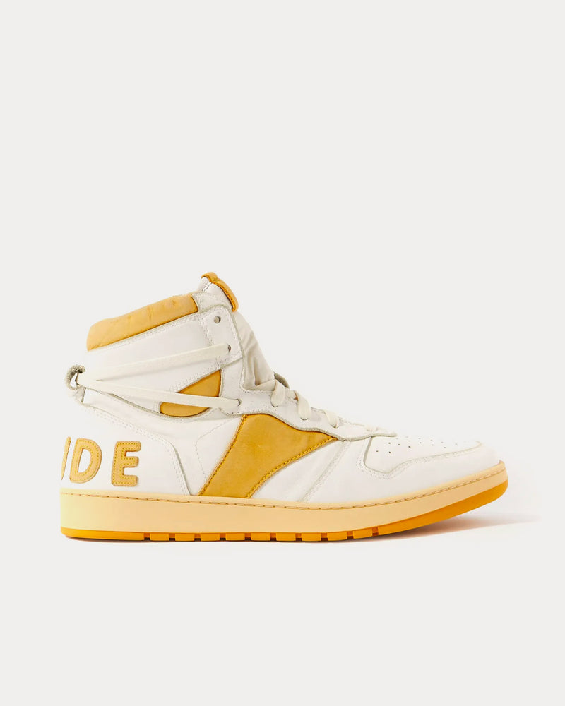 Rhude Rhecess Distressed Leather Yellow High Top Sneakers - 1
