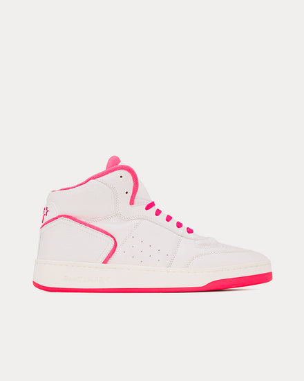 Saint Laurent SL/80 Smooth & Grained Leather Blanc Optique Et Rose Fluo Mid Top Sneakers - 1