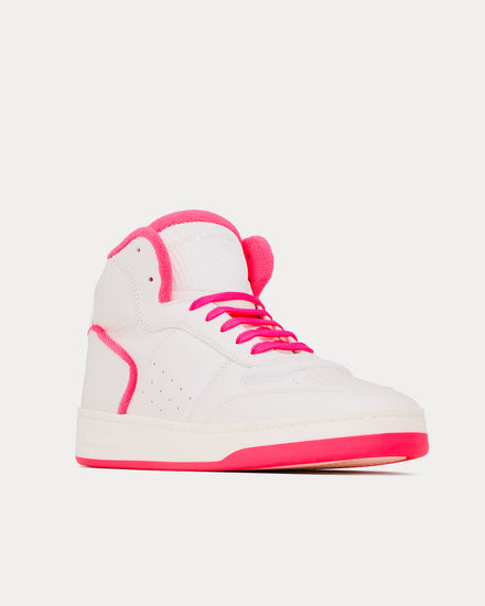 Saint Laurent SL/80 Smooth & Grained Leather Blanc Optique Et Rose Fluo Mid Top Sneakers - 3