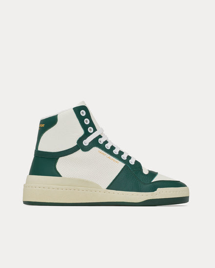 Saint Laurent SL/24 Perforated Leather White / Dark Green Mid Top Sneakers - 1