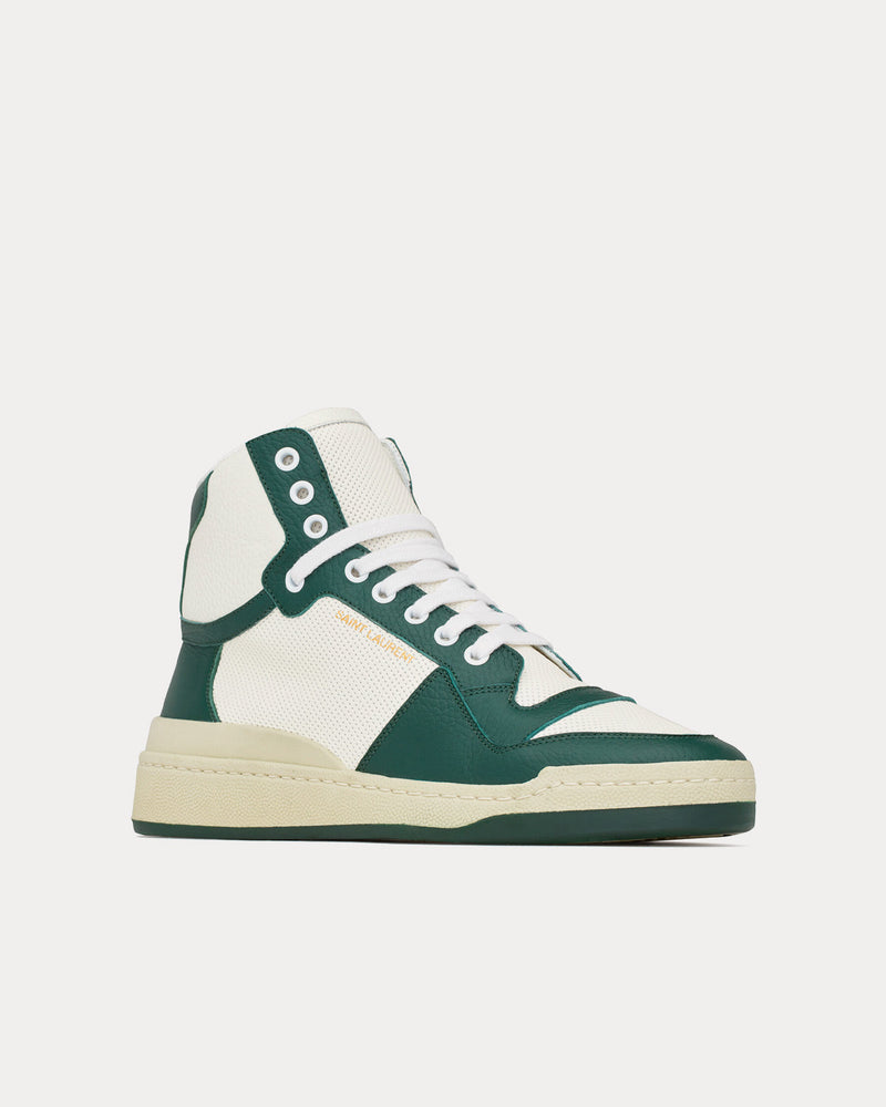 Saint Laurent SL/24 Perforated Leather White / Dark Green Mid Top Sneakers - 3